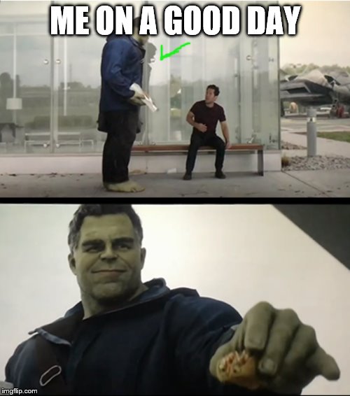 Hulk gives Antman taco | ME ON A GOOD DAY | image tagged in hulk gives antman taco | made w/ Imgflip meme maker