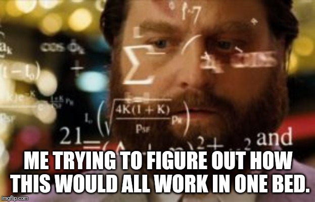 Trying to calculate how much sleep I can get | ME TRYING TO FIGURE OUT HOW THIS WOULD ALL WORK IN ONE BED. | image tagged in trying to calculate how much sleep i can get | made w/ Imgflip meme maker