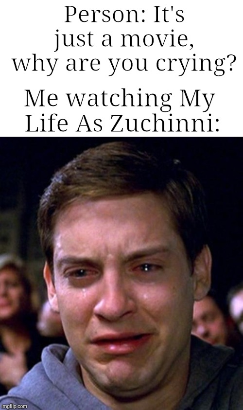 *BAWLING* | Person: It's just a movie, why are you crying? Me watching My Life As Zuchinni: | image tagged in crying peter parker,why are you like this,why am i doing this,memes,sad spiderman,movies | made w/ Imgflip meme maker