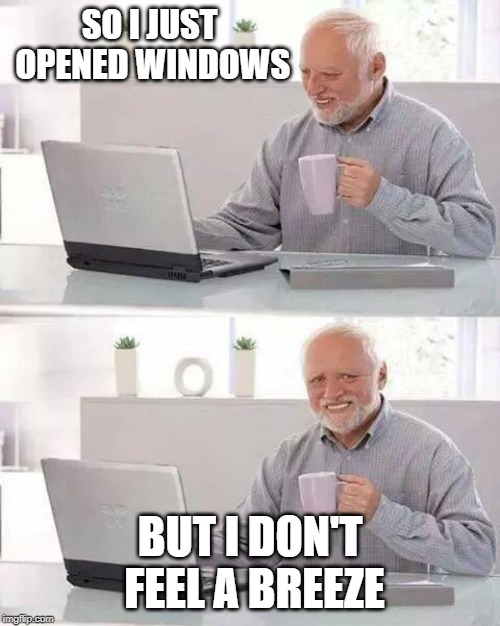 Wait for the Taco Bell to arrive. | SO I JUST OPENED WINDOWS; BUT I DON'T FEEL A BREEZE | image tagged in memes,hide the pain harold,windows,breeze | made w/ Imgflip meme maker
