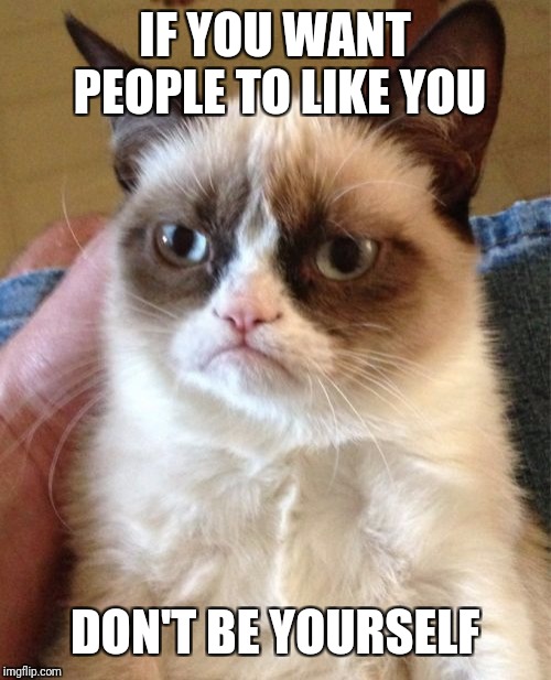 Grumpy Cat | IF YOU WANT PEOPLE TO LIKE YOU; DON'T BE YOURSELF | image tagged in memes,grumpy cat | made w/ Imgflip meme maker