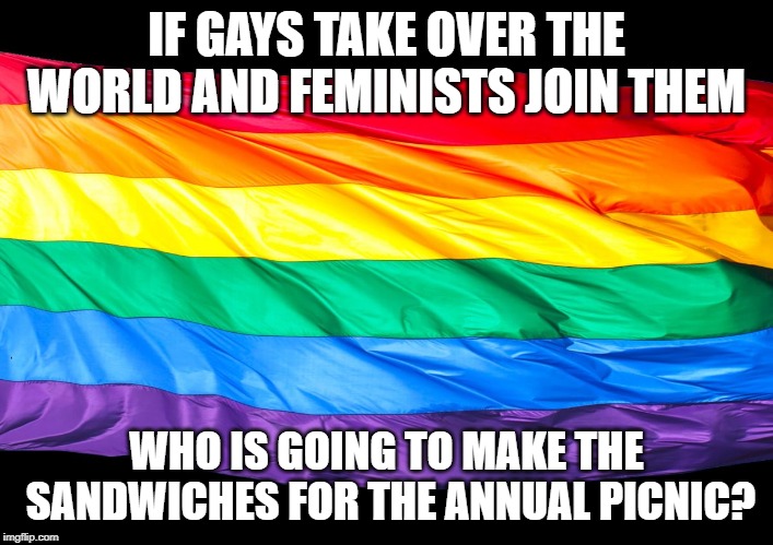 Gay Flag | IF GAYS TAKE OVER THE WORLD AND FEMINISTS JOIN THEM; WHO IS GOING TO MAKE THE SANDWICHES FOR THE ANNUAL PICNIC? | image tagged in gay flag | made w/ Imgflip meme maker