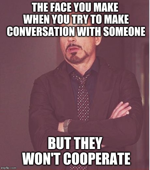 Face You Make Robert Downey Jr | THE FACE YOU MAKE WHEN YOU TRY TO MAKE CONVERSATION WITH SOMEONE; BUT THEY WON'T COOPERATE | image tagged in memes,face you make robert downey jr | made w/ Imgflip meme maker