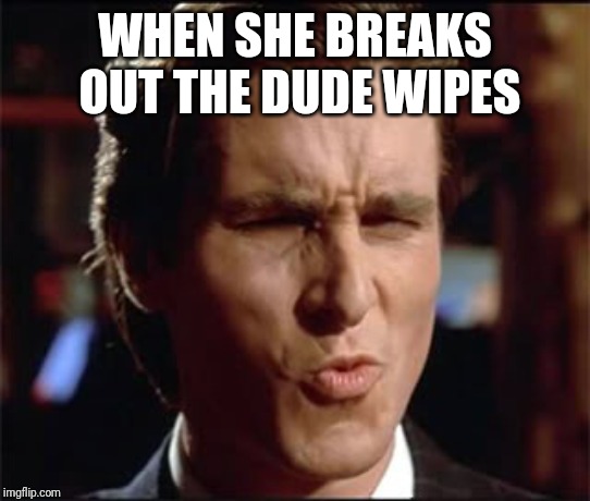 American Psycho Ooft | WHEN SHE BREAKS OUT THE DUDE WIPES | image tagged in american psycho ooft | made w/ Imgflip meme maker
