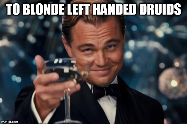 Leonardo Dicaprio Cheers | TO BLONDE LEFT HANDED DRUIDS | image tagged in memes,leonardo dicaprio cheers | made w/ Imgflip meme maker