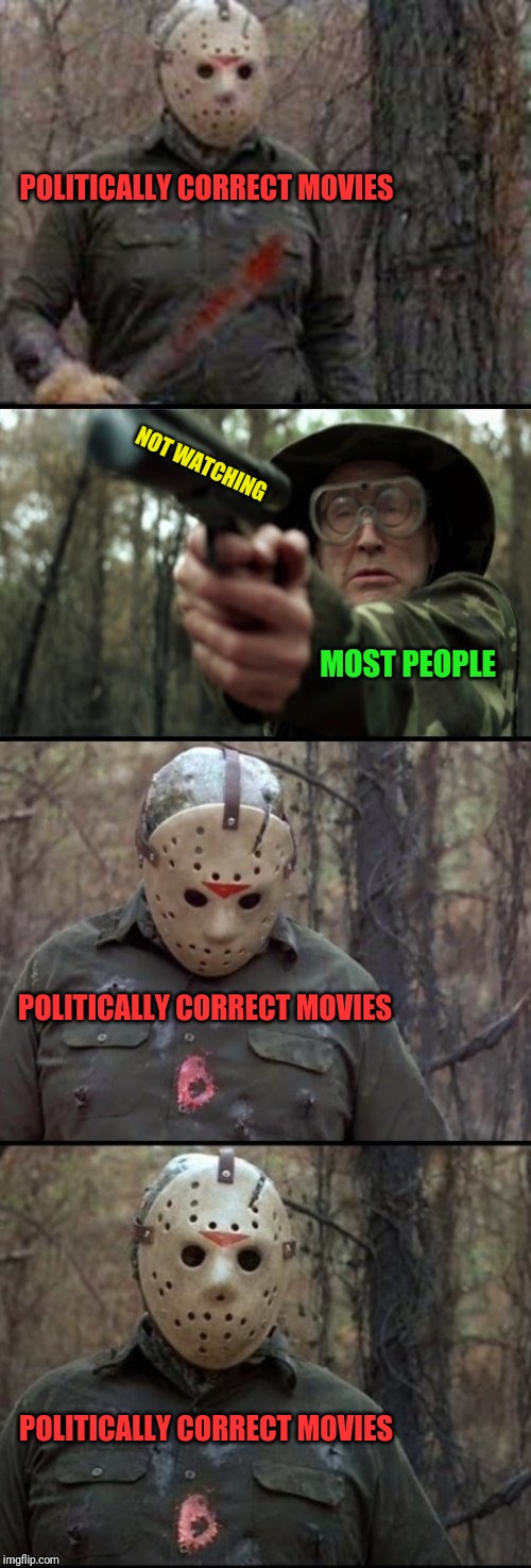 X Vs Y | POLITICALLY CORRECT MOVIES; NOT WATCHING; MOST PEOPLE; POLITICALLY CORRECT MOVIES; POLITICALLY CORRECT MOVIES | image tagged in x vs y | made w/ Imgflip meme maker