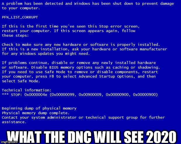 Blue screen of death | WHAT THE DNC WILL SEE 2020 | image tagged in blue screen of death | made w/ Imgflip meme maker