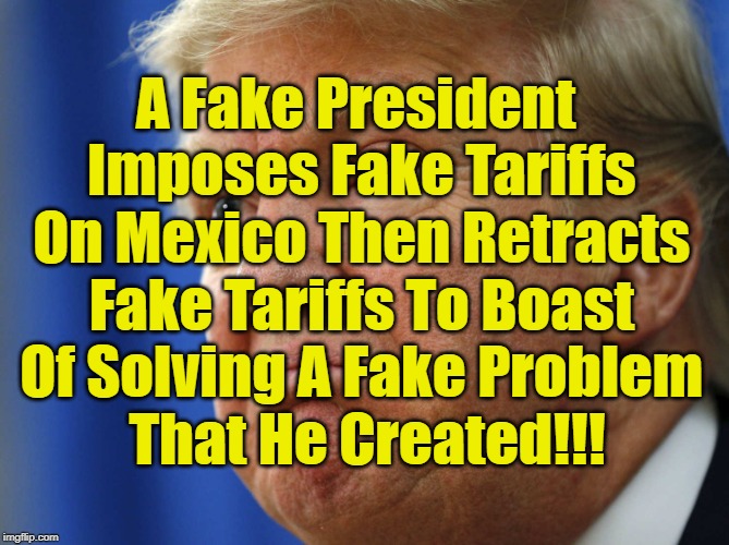 Fake Trump | A Fake President Imposes
Fake Tariffs On Mexico
Then Retracts Fake Tariffs
To Boast Of Solving A Fake
Problem 

That He Created!!! | image tagged in donald trump,trump,mexico,tariffs,president trump,trump lies | made w/ Imgflip meme maker