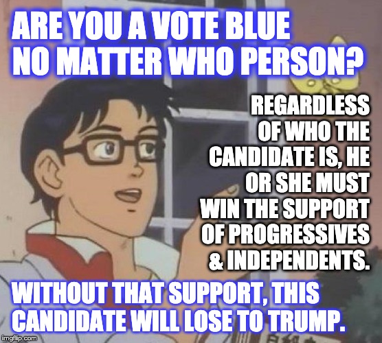 Are you a VBNMW Person? | ARE YOU A VOTE BLUE NO MATTER WHO PERSON? REGARDLESS OF WHO THE CANDIDATE IS, HE OR SHE MUST WIN THE SUPPORT OF PROGRESSIVES & INDEPENDENTS. WITHOUT THAT SUPPORT, THIS CANDIDATE WILL LOSE TO TRUMP. | image tagged in memes | made w/ Imgflip meme maker