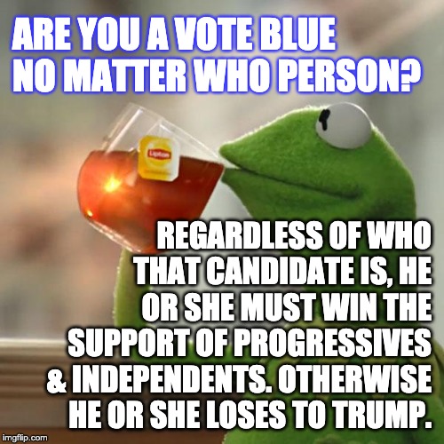 Are you a VBNMW Person | ARE YOU A VOTE BLUE NO MATTER WHO PERSON? REGARDLESS OF WHO THAT CANDIDATE IS, HE OR SHE MUST WIN THE SUPPORT OF PROGRESSIVES & INDEPENDENTS. OTHERWISE HE OR SHE LOSES TO TRUMP. | image tagged in memes,but thats none of my business,kermit the frog | made w/ Imgflip meme maker