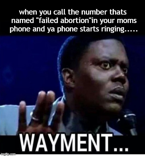 wayment | when you call the number thats named "failed abortion"in your moms phone and ya phone starts ringing..... | image tagged in wayment,memes | made w/ Imgflip meme maker