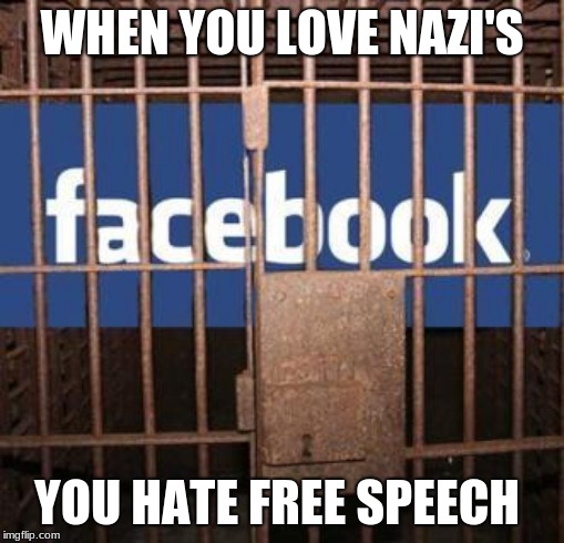 If you have an opinion Facebook will silence it. | WHEN YOU LOVE NAZI'S; YOU HATE FREE SPEECH | image tagged in facebook jail,censorship,nazis,corporate stupidity | made w/ Imgflip meme maker