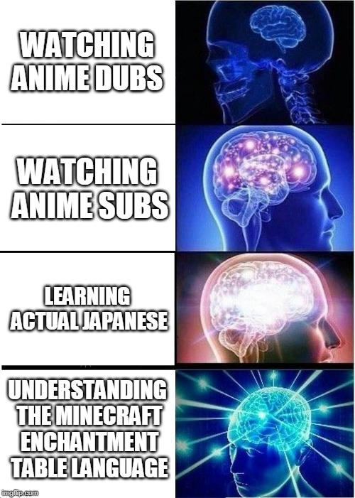 any fams can speak the enchantment table language | WATCHING ANIME DUBS; WATCHING ANIME SUBS; LEARNING ACTUAL JAPANESE; UNDERSTANDING THE MINECRAFT ENCHANTMENT TABLE LANGUAGE | image tagged in animoo | made w/ Imgflip meme maker