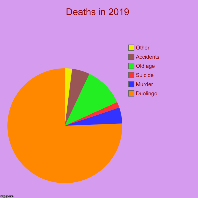 Deaths in 2019 | Duolingo, Murder, Suicide, Old age, Accidents, Other | image tagged in charts,pie charts | made w/ Imgflip chart maker