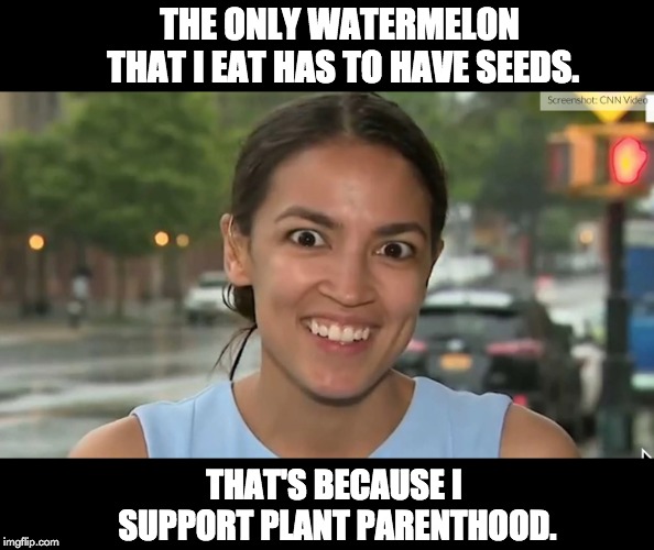 Alexandria Ocasio-Cortez | THE ONLY WATERMELON THAT I EAT HAS TO HAVE SEEDS. THAT'S BECAUSE I SUPPORT PLANT PARENTHOOD. | image tagged in alexandria ocasio-cortez | made w/ Imgflip meme maker