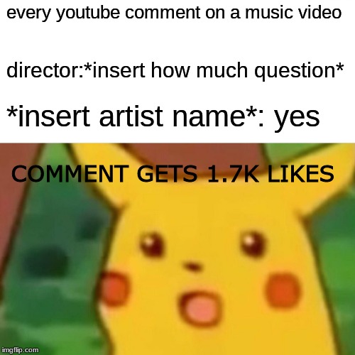 Surprised Pikachu | every youtube comment on a music video; director:*insert how much question*; *insert artist name*: yes; COMMENT GETS 1.7K LIKES | image tagged in memes,surprised pikachu | made w/ Imgflip meme maker