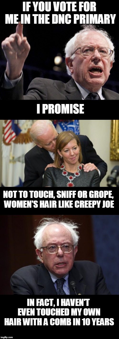 Hair today, gone tomorrow | IF YOU VOTE FOR ME IN THE DNC PRIMARY; I PROMISE; NOT TO TOUCH, SNIFF OR GROPE, WOMEN'S HAIR LIKE CREEPY JOE; IN FACT, I HAVEN'T EVEN TOUCHED MY OWN HAIR WITH A COMB IN 10 YEARS | image tagged in creepy joe biden,bernie sanders,hair,sniffing | made w/ Imgflip meme maker