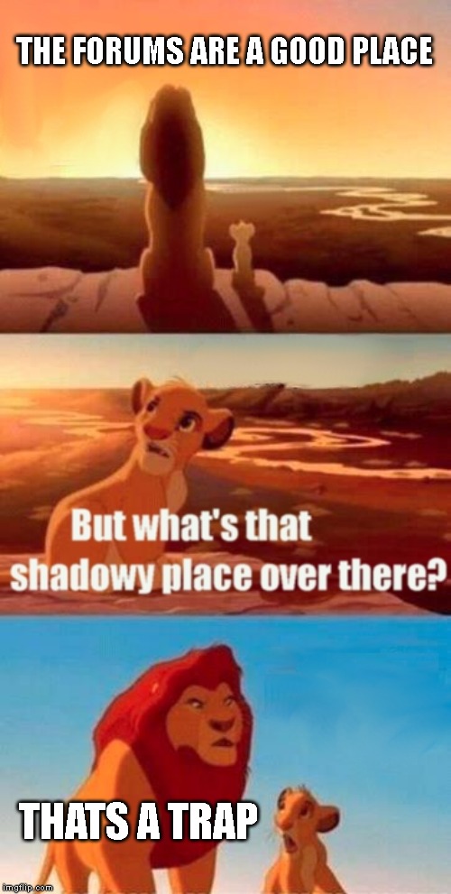 Simba Shadowy Place | THE FORUMS ARE A GOOD PLACE; THATS A TRAP | image tagged in memes,simba shadowy place | made w/ Imgflip meme maker