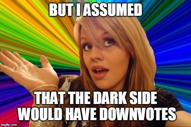 Dumb Blonde Meme | BUT I ASSUMED THAT THE DARK SIDE WOULD HAVE DOWNVOTES | image tagged in memes,dumb blonde | made w/ Imgflip meme maker