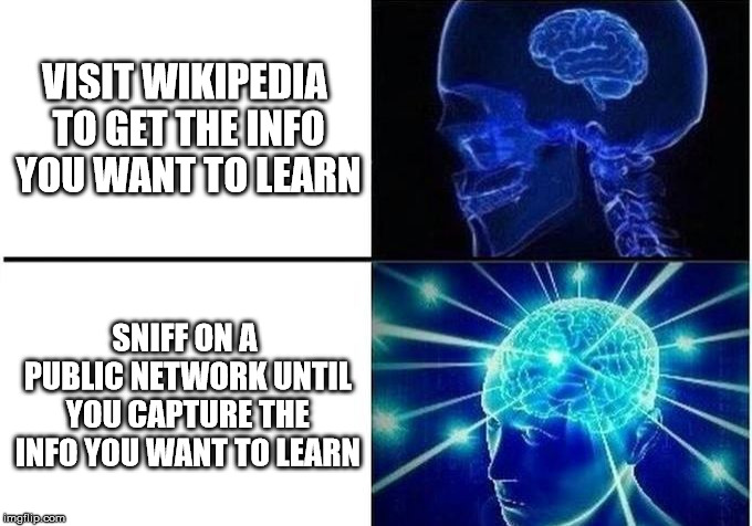 Expanding Brain Two Frames | VISIT WIKIPEDIA TO GET THE INFO YOU WANT TO LEARN; SNIFF ON A PUBLIC NETWORK UNTIL YOU CAPTURE THE INFO YOU WANT TO LEARN | image tagged in expanding brain two frames | made w/ Imgflip meme maker