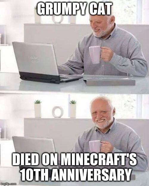 nostalgia can kill you, darling | GRUMPY CAT; DIED ON MINECRAFT'S 10TH ANNIVERSARY | image tagged in memes,hide the pain harold,minecraft,grumpy cat,sad but true,may 17 | made w/ Imgflip meme maker
