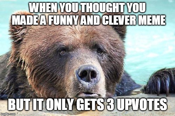 Sad Bears | WHEN YOU THOUGHT YOU MADE A FUNNY AND CLEVER MEME; BUT IT ONLY GETS 3 UPVOTES | image tagged in sad bears | made w/ Imgflip meme maker