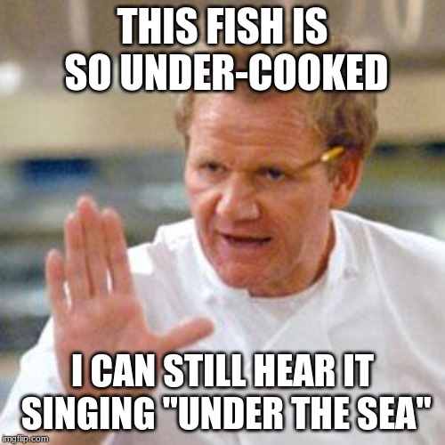 too many cooks | THIS FISH IS SO UNDER-COOKED; I CAN STILL HEAR IT SINGING "UNDER THE SEA" | image tagged in too many cooks | made w/ Imgflip meme maker