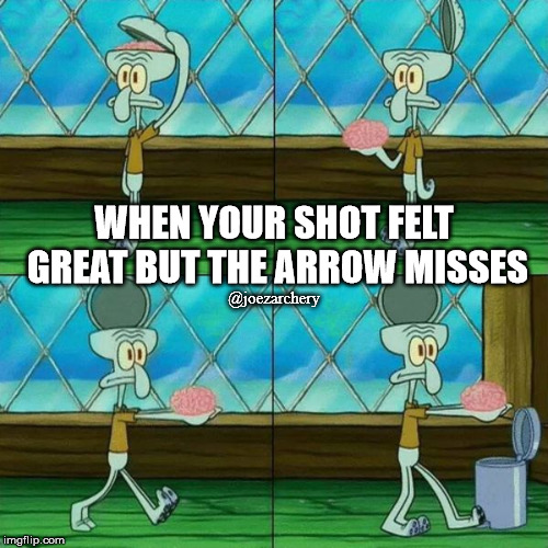 The archery struggle is real. | WHEN YOUR SHOT FELT GREAT BUT THE ARROW MISSES; @joezarchery | image tagged in squidward brain trashcan,archery,that one arrow,i feel dumb now,guess i don't need this,great shot | made w/ Imgflip meme maker