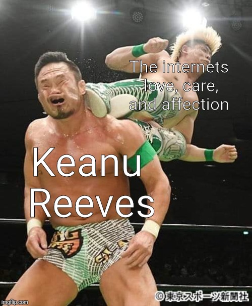 The internets love, care, and affection; Keanu Reeves | image tagged in japanese wrestler kicked,memes,funny,keanu reeves | made w/ Imgflip meme maker