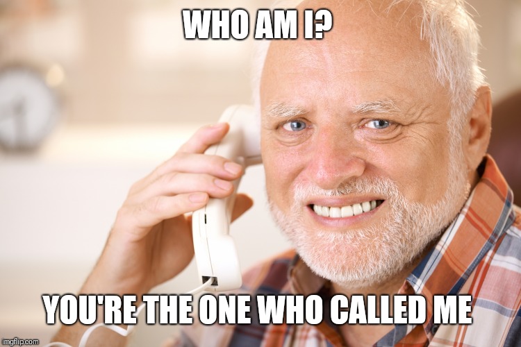 hide the pain harold phone | WHO AM I? YOU'RE THE ONE WHO CALLED ME | image tagged in hide the pain harold phone | made w/ Imgflip meme maker