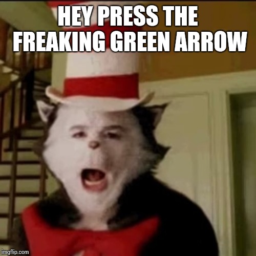 Cat in the Hat | HEY PRESS THE FREAKING GREEN ARROW | image tagged in cat in the hat | made w/ Imgflip meme maker