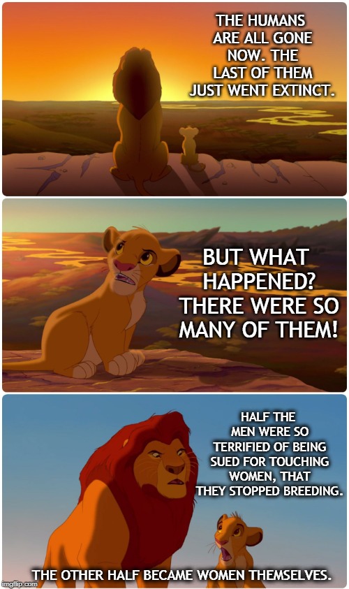 How It Really Ends | THE HUMANS ARE ALL GONE NOW. THE LAST OF THEM JUST WENT EXTINCT. BUT WHAT HAPPENED? THERE WERE SO MANY OF THEM! HALF THE MEN WERE SO TERRIFIED OF BEING SUED FOR TOUCHING WOMEN, THAT THEY STOPPED BREEDING. THE OTHER HALF BECAME WOMEN THEMSELVES. | image tagged in shadowy place lion king,transgender,memes,extinction,me too,womens rights | made w/ Imgflip meme maker