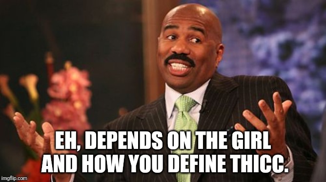 Steve Harvey Meme | EH, DEPENDS ON THE GIRL AND HOW YOU DEFINE THICC. | image tagged in memes,steve harvey | made w/ Imgflip meme maker