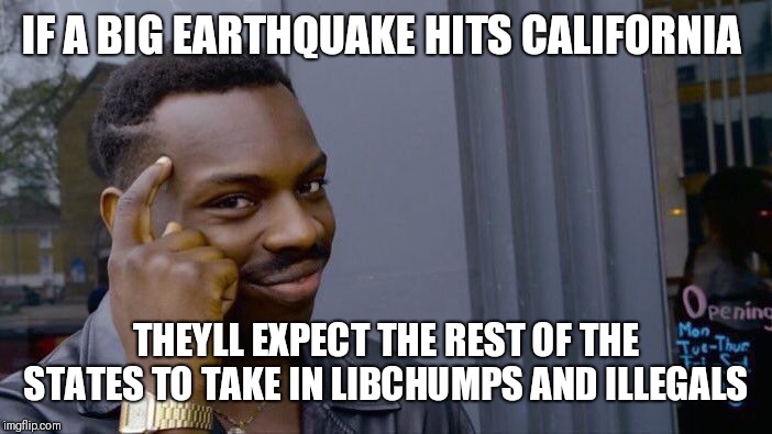 Roll Safe Think About It Meme | IF A BIG EARTHQUAKE HITS CALIFORNIA; THEYLL EXPECT THE REST OF THE STATES TO TAKE IN LIBCHUMPS AND ILLEGALS | image tagged in memes,roll safe think about it | made w/ Imgflip meme maker