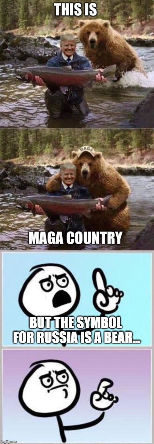 When the nuance of your meme actually makes a stunning rebuke of the creation itself. | BUT THE SYMBOL FOR RUSSIA IS A BEAR... | image tagged in wait what,donald trump,maga,politics,irony | made w/ Imgflip meme maker
