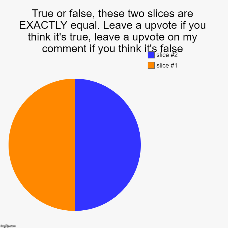 True or false, these two slices are EXACTLY equal. Leave a upvote if you think it's true, leave a upvote on my comment if you think it's fal | image tagged in charts,pie charts | made w/ Imgflip chart maker