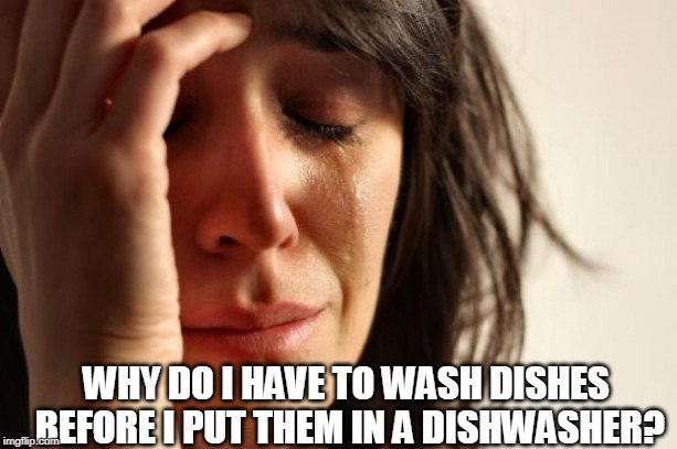 First World Problems Meme | WHY DO I HAVE TO WASH DISHES BEFORE I PUT THEM IN A DISHWASHER? | image tagged in memes,first world problems | made w/ Imgflip meme maker