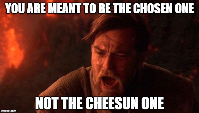 You Were The Chosen One (Star Wars) Meme | YOU ARE MEANT TO BE THE CHOSEN ONE NOT THE CHEESUN ONE | image tagged in memes,you were the chosen one star wars | made w/ Imgflip meme maker