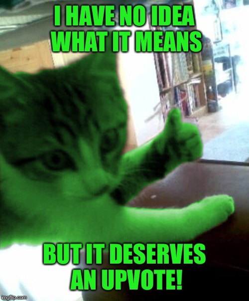 thumbs up RayCat | I HAVE NO IDEA WHAT IT MEANS BUT IT DESERVES AN UPVOTE! | image tagged in thumbs up raycat | made w/ Imgflip meme maker