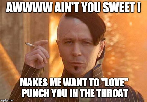 Zorg | AWWWW AIN'T YOU SWEET ! MAKES ME WANT TO "LOVE" PUNCH YOU IN THE THROAT | image tagged in memes,zorg | made w/ Imgflip meme maker