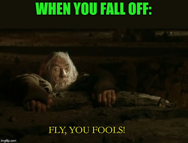 Gandalf Ledge | WHEN YOU FALL OFF: FLY, YOU FOOLS! | image tagged in gandalf ledge | made w/ Imgflip meme maker