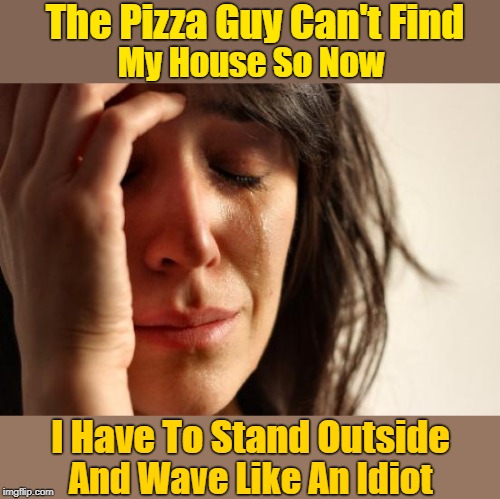 Life's Struggles | The Pizza Guy Can't Find; My House So Now; I Have To Stand Outside; And Wave Like An Idiot | image tagged in memes,first world problems | made w/ Imgflip meme maker