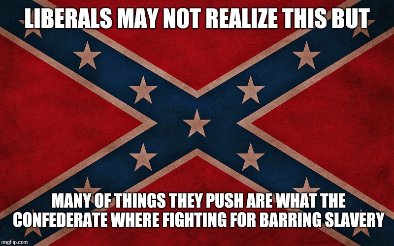 ConfederateFlagTakeItDown | LIBERALS MAY NOT REALIZE THIS BUT; MANY OF THINGS THEY PUSH ARE WHAT THE CONFEDERATE WHERE FIGHTING FOR BARRING SLAVERY | image tagged in confederateflagtakeitdown | made w/ Imgflip meme maker