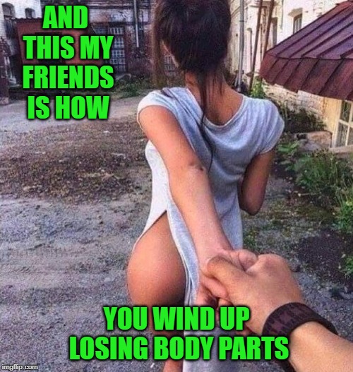 Never trust a big butt and smile!!! | AND THIS MY FRIENDS IS HOW; YOU WIND UP LOSING BODY PARTS | image tagged in losing body parts,memes,led astray,funny,suckers,that girl is poison | made w/ Imgflip meme maker