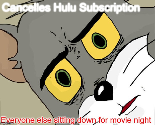 Unsettled Tom | Cancelles Hulu Subscription; Everyone else sitting down for movie night | image tagged in memes,unsettled tom | made w/ Imgflip meme maker
