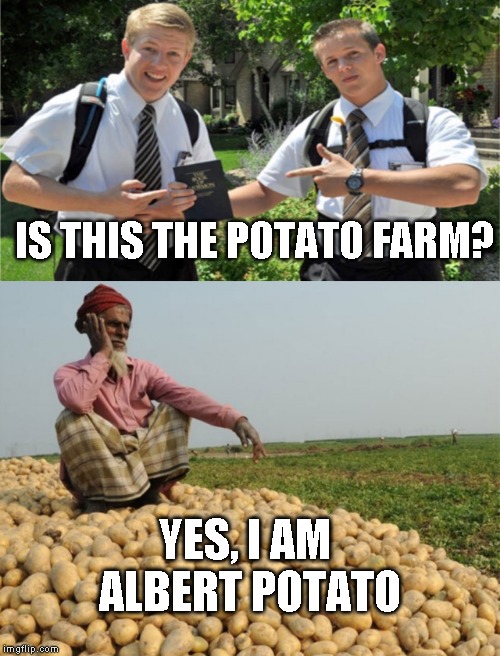 It was funnier the first time | IS THIS THE POTATO FARM? YES, I AM ALBERT POTATO | image tagged in wasting a submission,top secret | made w/ Imgflip meme maker