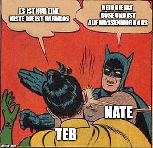 Batman Slapping Robin Meme | ES IST NUR EINE KISTE DIE IST HARMLOS; NEIN SIE IST BÖSE UND IST AUF MASSENMORD AUS; NATE; TEB | image tagged in memes,batman slapping robin | made w/ Imgflip meme maker