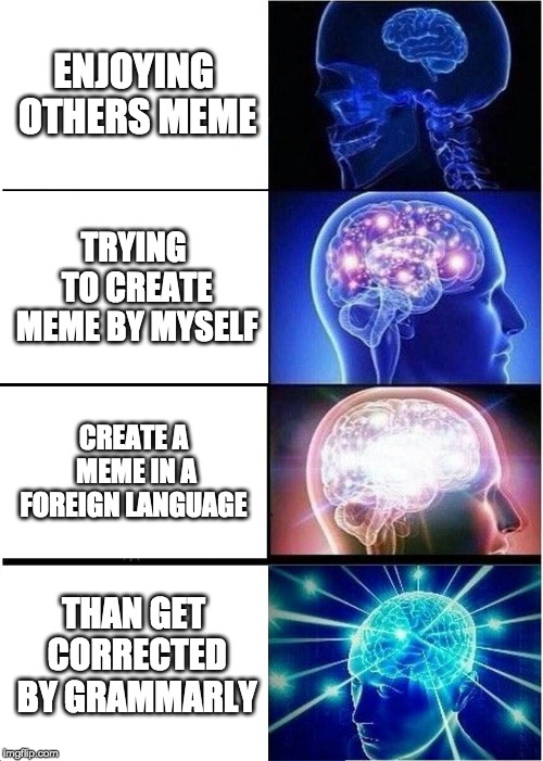 Expanding Brain | ENJOYING OTHERS MEME; TRYING TO CREATE MEME BY MYSELF; CREATE A MEME IN A FOREIGN LANGUAGE; THAN GET CORRECTED BY GRAMMARLY | image tagged in memes,expanding brain | made w/ Imgflip meme maker