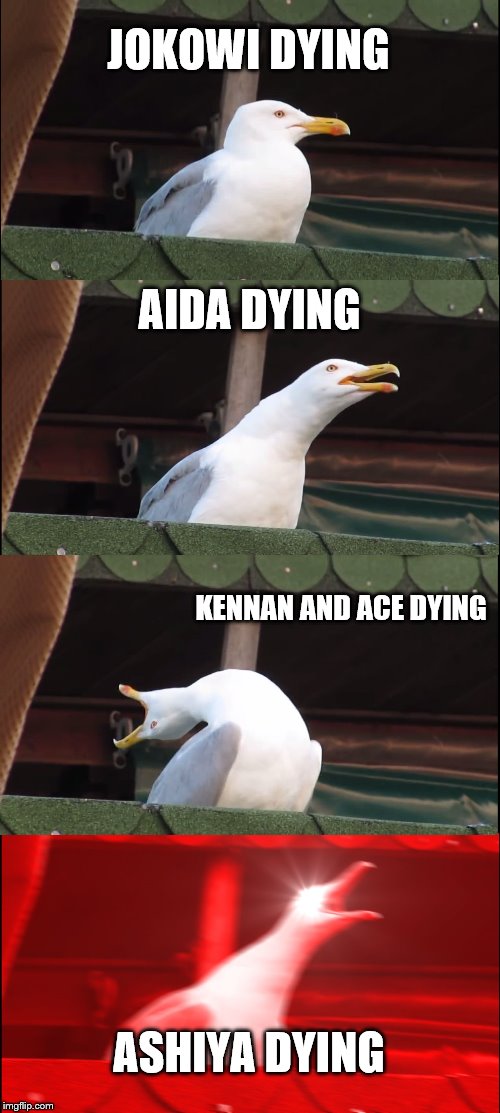 Inhaling Seagull Meme | JOKOWI DYING; AIDA DYING; KENNAN AND ACE DYING; ASHIYA DYING | image tagged in memes,inhaling seagull | made w/ Imgflip meme maker