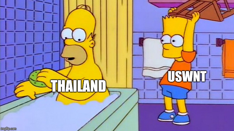 bart hitting homer with a chair | USWNT; THAILAND | image tagged in bart hitting homer with a chair | made w/ Imgflip meme maker